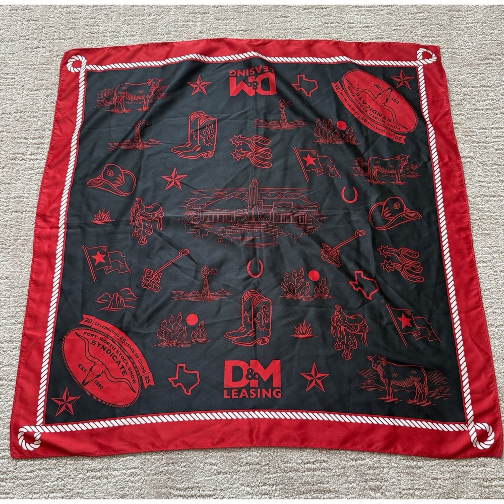 Fort Worth Rodeo Stockshow FWSSR Silk Western Scarf Cowboy Brand Red Black 29"